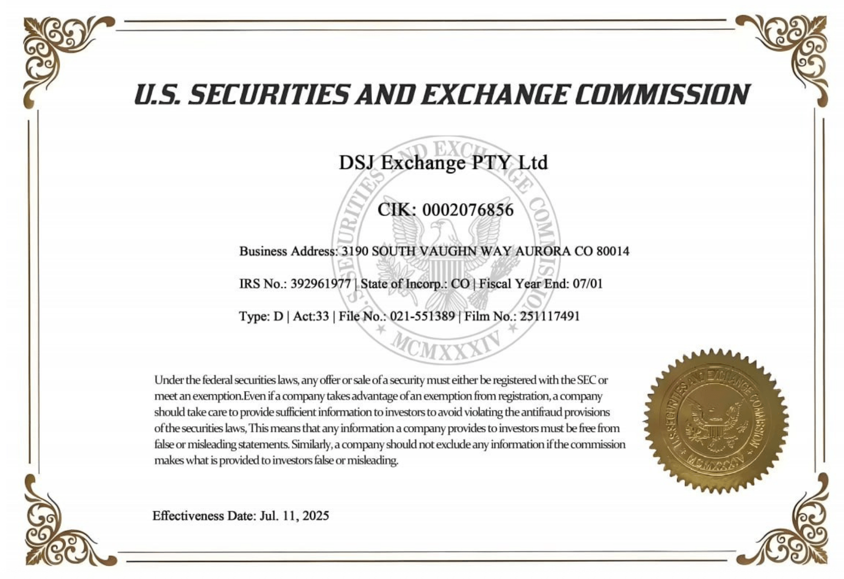 SEC Certificate - DSJ Exchange Form D Filing